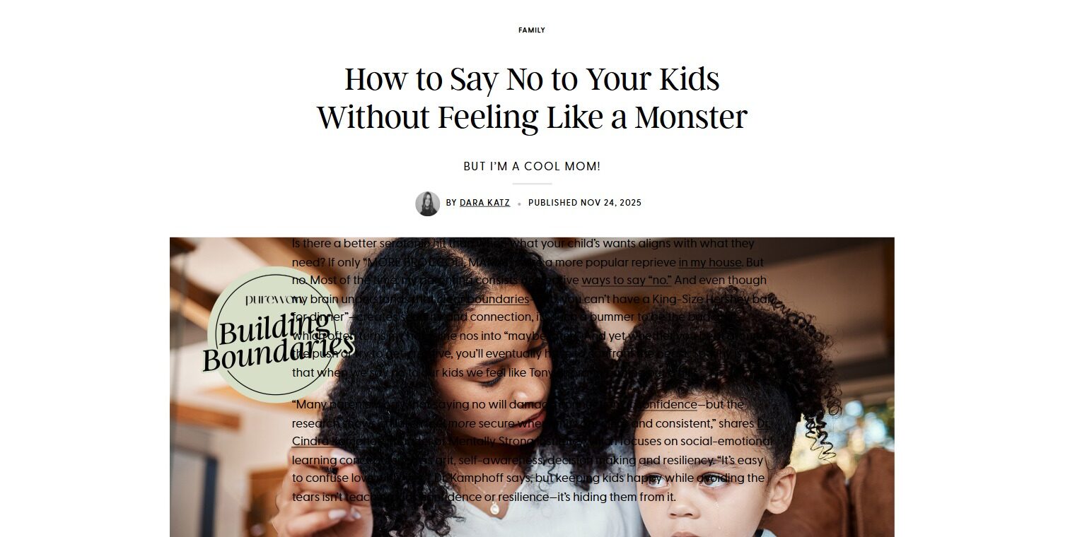 PureWow article featuring Dr. Cindra Kamphoff on how to say no to your kids